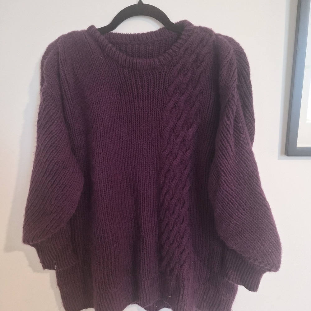 Chunky Cable-Knit Crewneck Sweater - Deep Plum